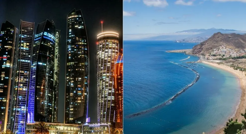 mesto Abú Zabí. Vpravo pláž v Santa Cruz na Tenerife