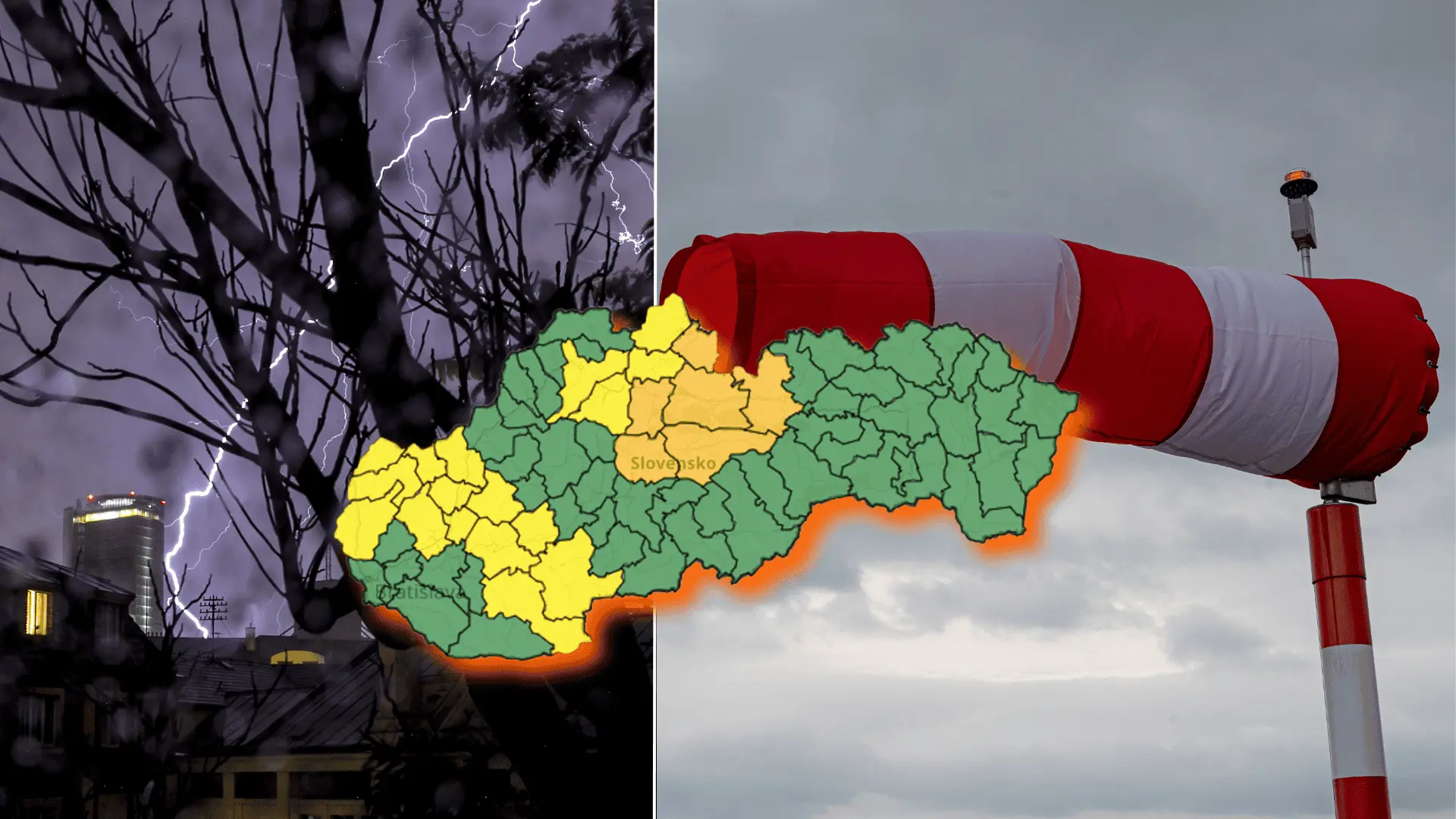 blesk, vietor a mapa Slovenska a výstrahy
