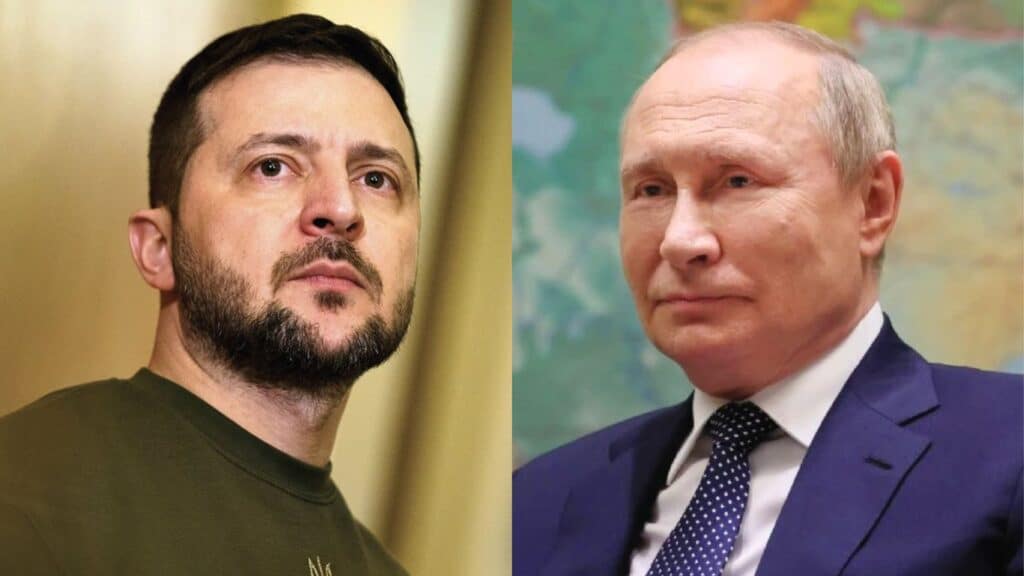 Ukrajinský prezident Volodymyr Zelenskyj a Vladimir Putin.