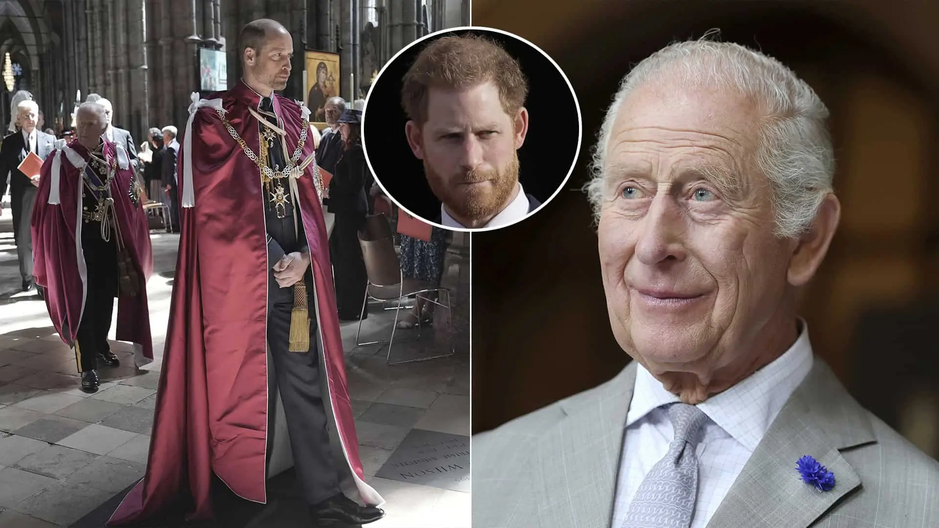 Britský kráľ Karol III, princ William a Harry