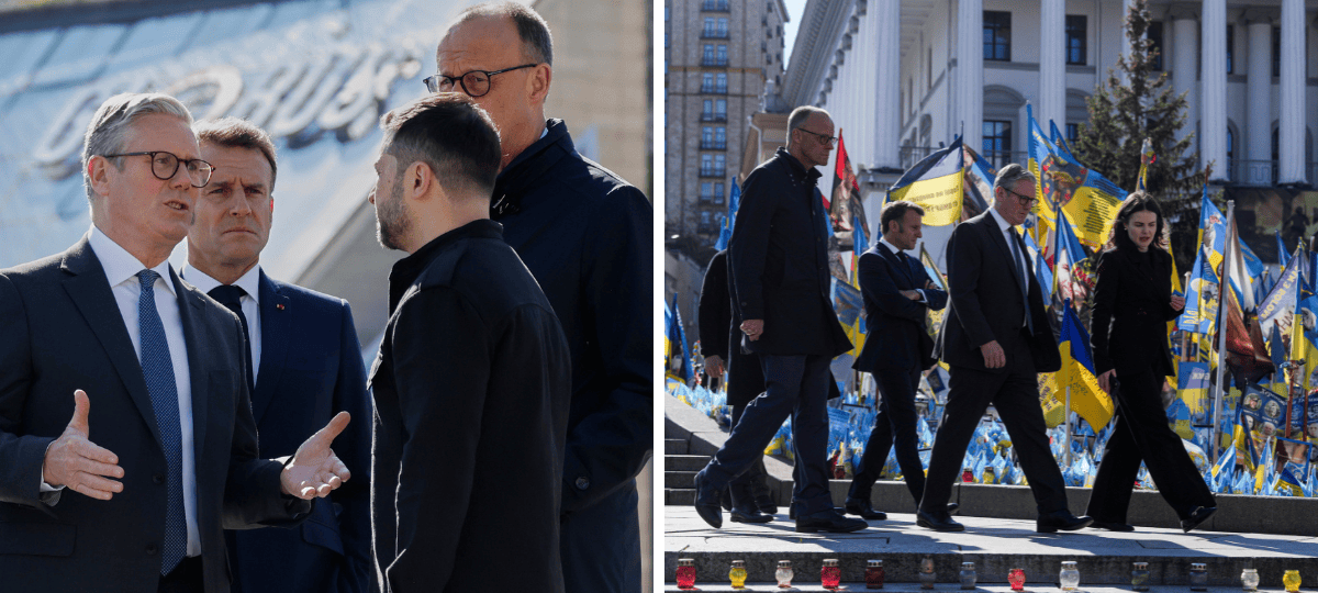 Merz, Macron, Tusk, Starmer, Zelenský, Kyjev, návšteva, koalícia ochotných