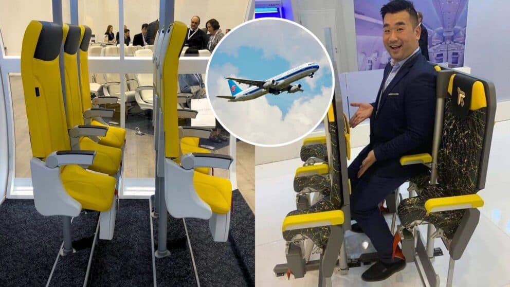 Skyrider 2.0, navrhnutý spoločnosťou @Aviointeriors, je kompaktné sedadlo, ktoré umožňuje cestujúcim takmer vzpriamene sedieť