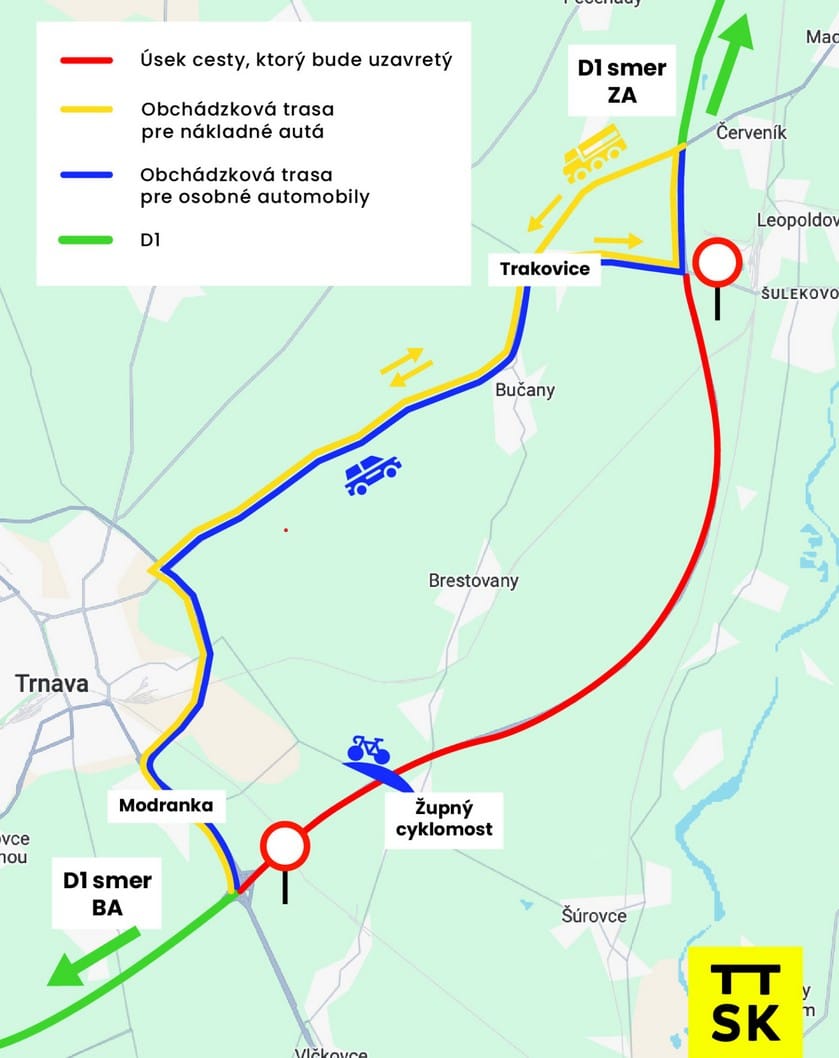 Mapa obchádzok na D1, Zdroj: TTSK