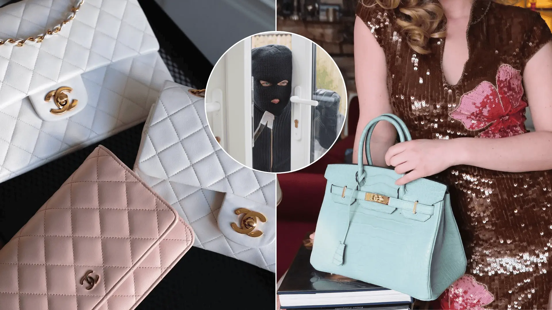 A woman in a sequined dress holding a purse.