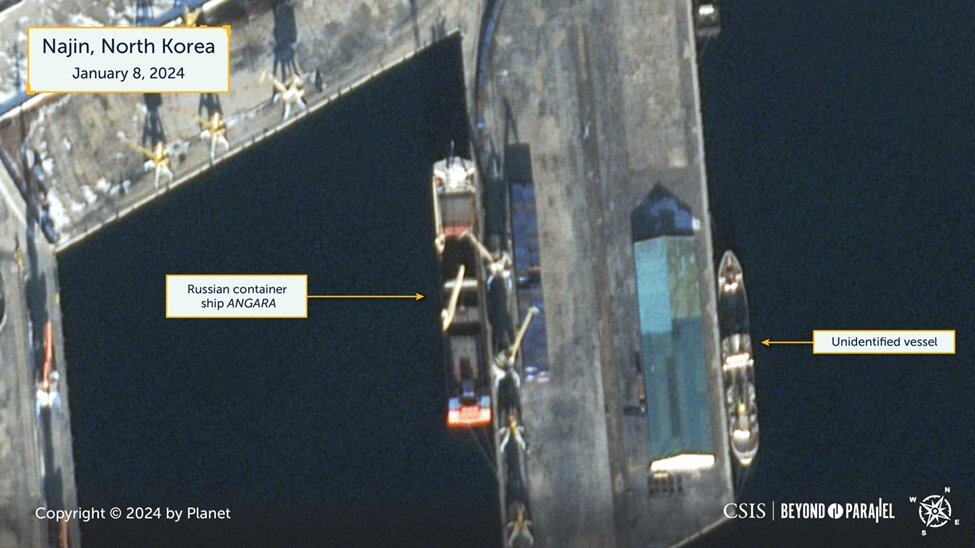 Satelitný záber ruskej lode v severokórejskom prístave Najin, Zdroj:X/CSIS Korea Chair