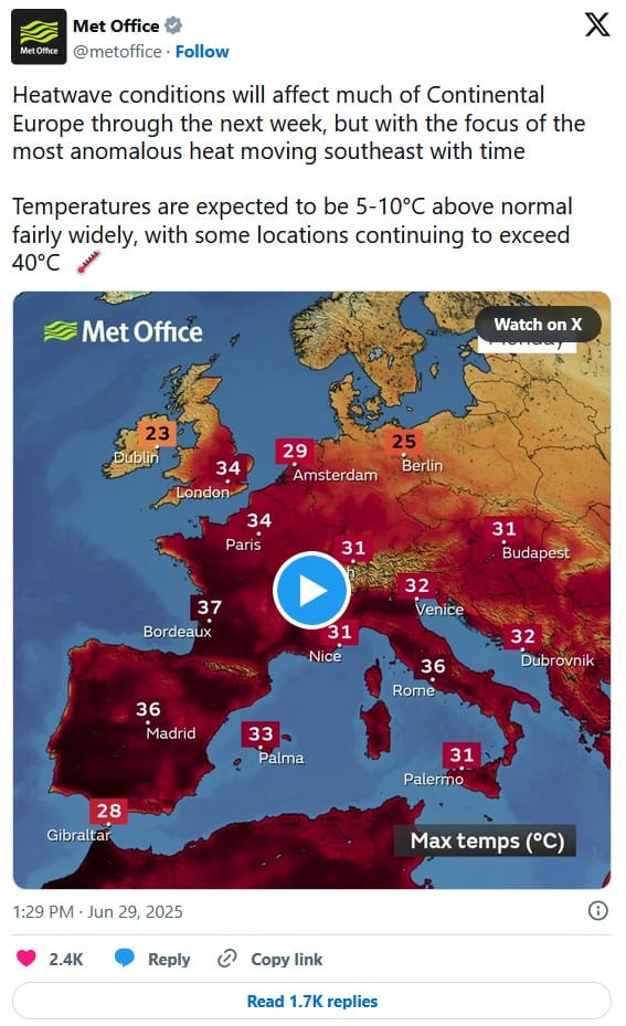 Extrémne počasie a horúčavy v Európe, Zdroj: X/Met Office