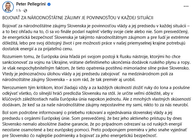 Vyjadrenie prezidenta na sociálnej site, Zdroj:FB/ Peter Pellegrini