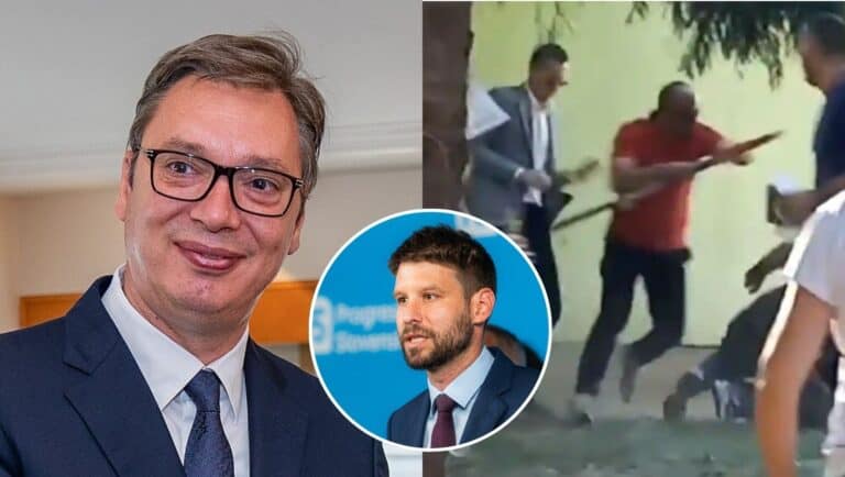Napätie v Srbsku pritom nie je ojedinelé. Krajina od novembra minulého roka zažíva protesty proti populistickému prezidentovi Vučičovi (vľavo), ktoré sa začali po tragickej udalosti v Novom Sade, keď sa zrútil rekonštruovaný prístrešok na stanici a zahynulo šestnásť ľudí.
