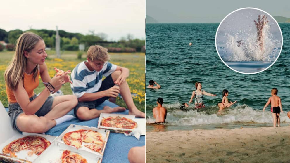 plávanie v mori jedlo pizza