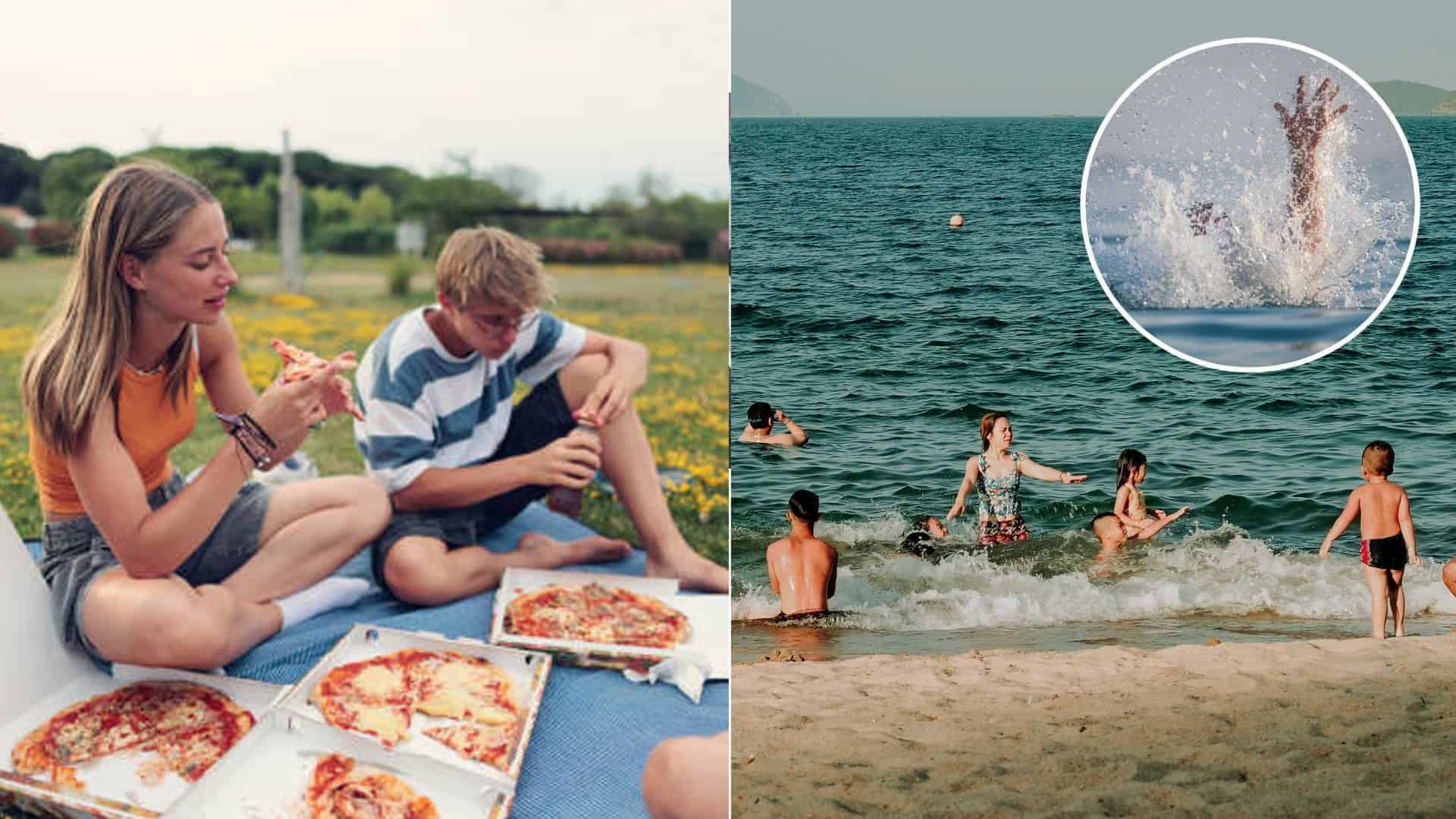 plávanie v mori jedlo pizza