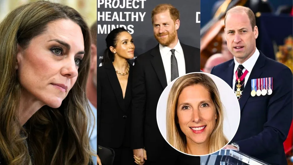 Princezná Kate, Princ William a Harry s manželkou Meghan.