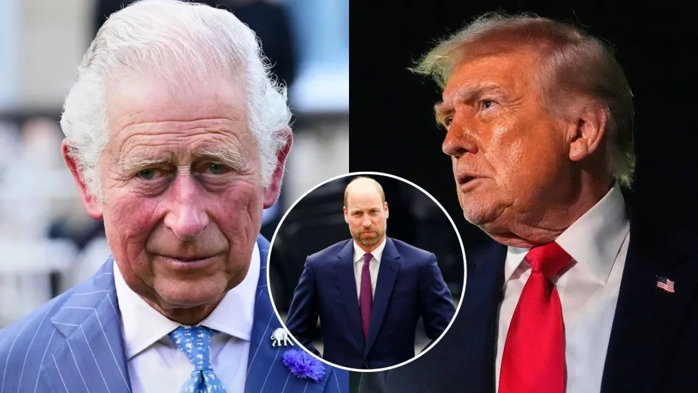 Kráľ Karol III. , princ William a Donald Trump.