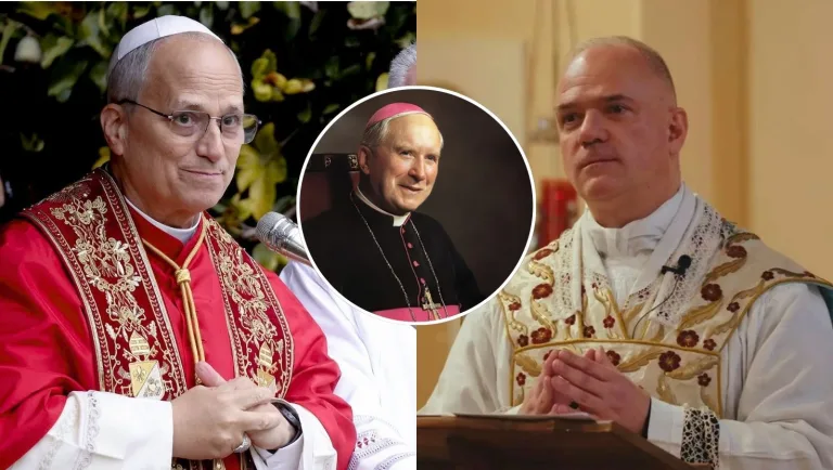 Pápež Lev XIV. (vľavo), Marcel Lefebvre (v strede) a Davide Pagliarani (vpravo).