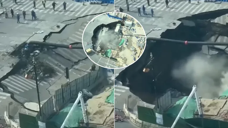 Šanghaj Čína prepad vozovky kráter